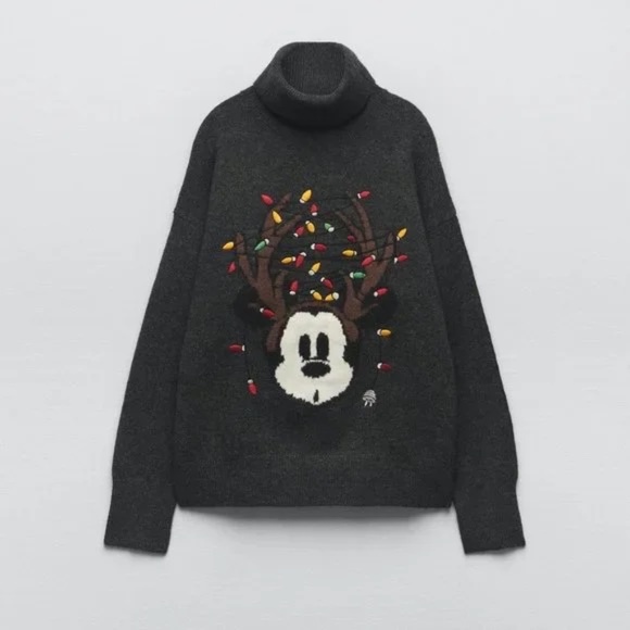 Zara Disney Christmas Mickey Mouse Gray Turtleneck Knit Jumper Sweater - Picture 1 of 7